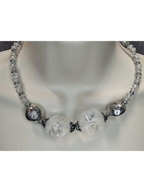 Handmade Embossed Silver Bead Necklace With Clear Accents